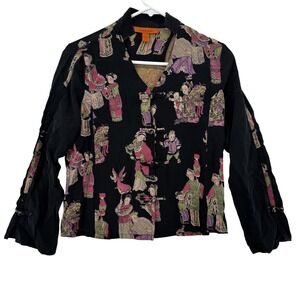 Harari Silk Jacket Womens Small Black Asian Print Button Front Boho Ethnic Top